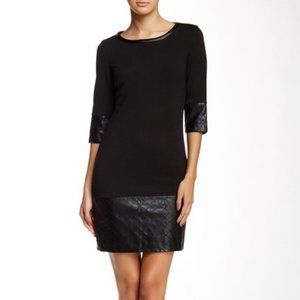 3/4 Length Sleeve Faux Leather Trim Shift Dress